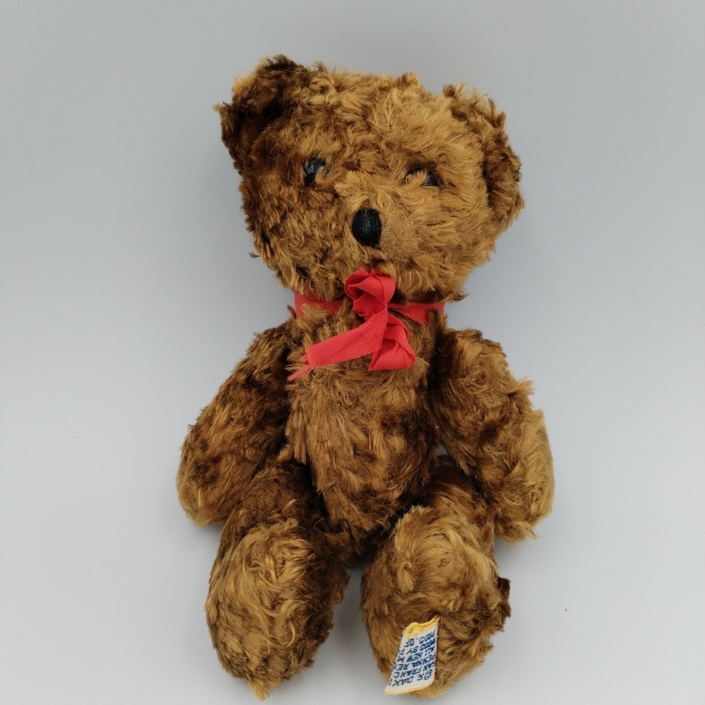 Vintage R. Dakin & Co. Jointed Brown Teddy Bear 7" Plush Stuffed‎ Animal Red Bow